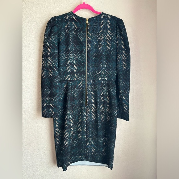 Donna Karan New York Dark Green Abstract Scuba Knit Leather Trim Sheath Dress 4 - Picture 9 of 13